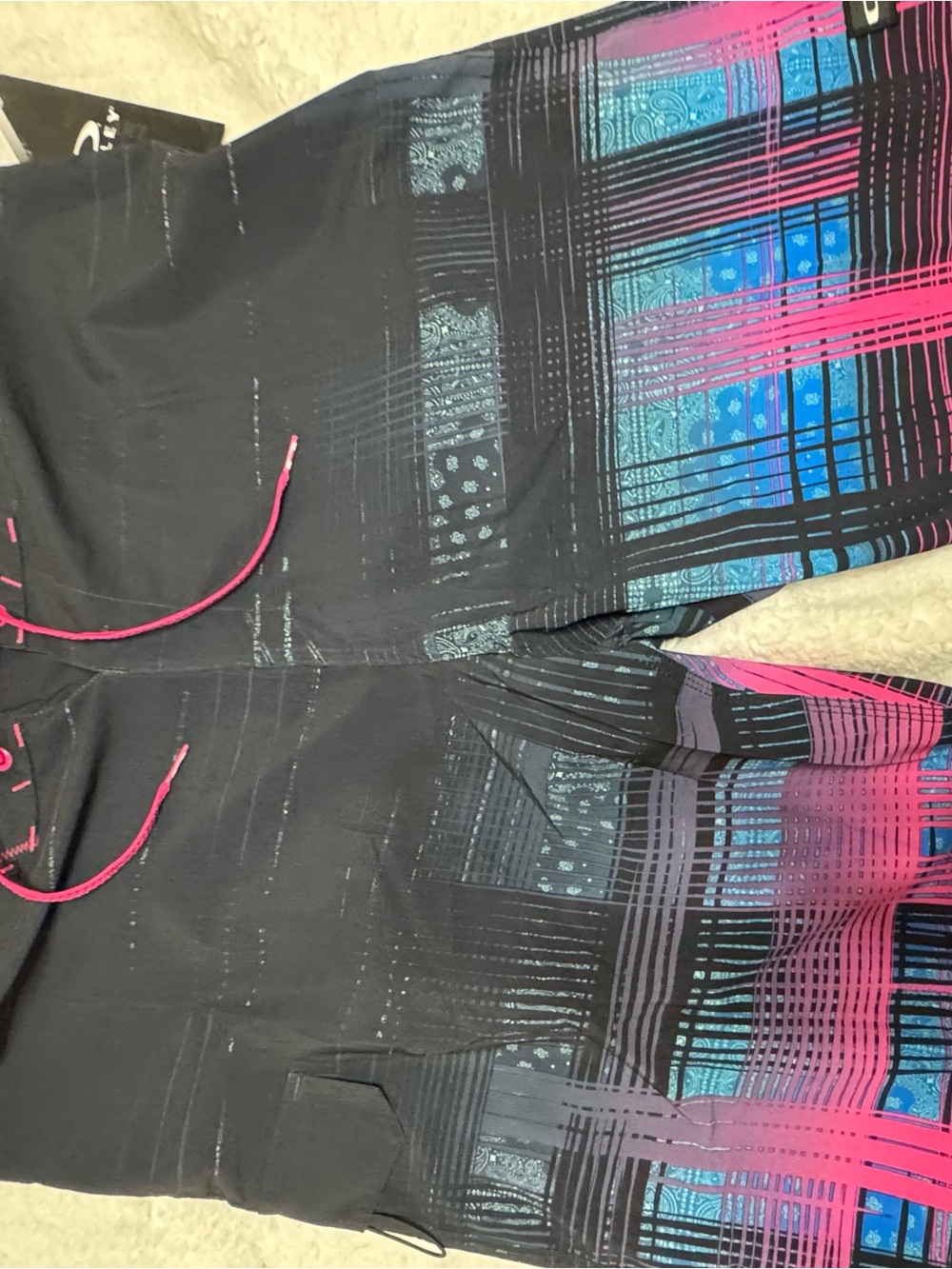 Black Swim Trunks with Pink and Blue Plaid Accent